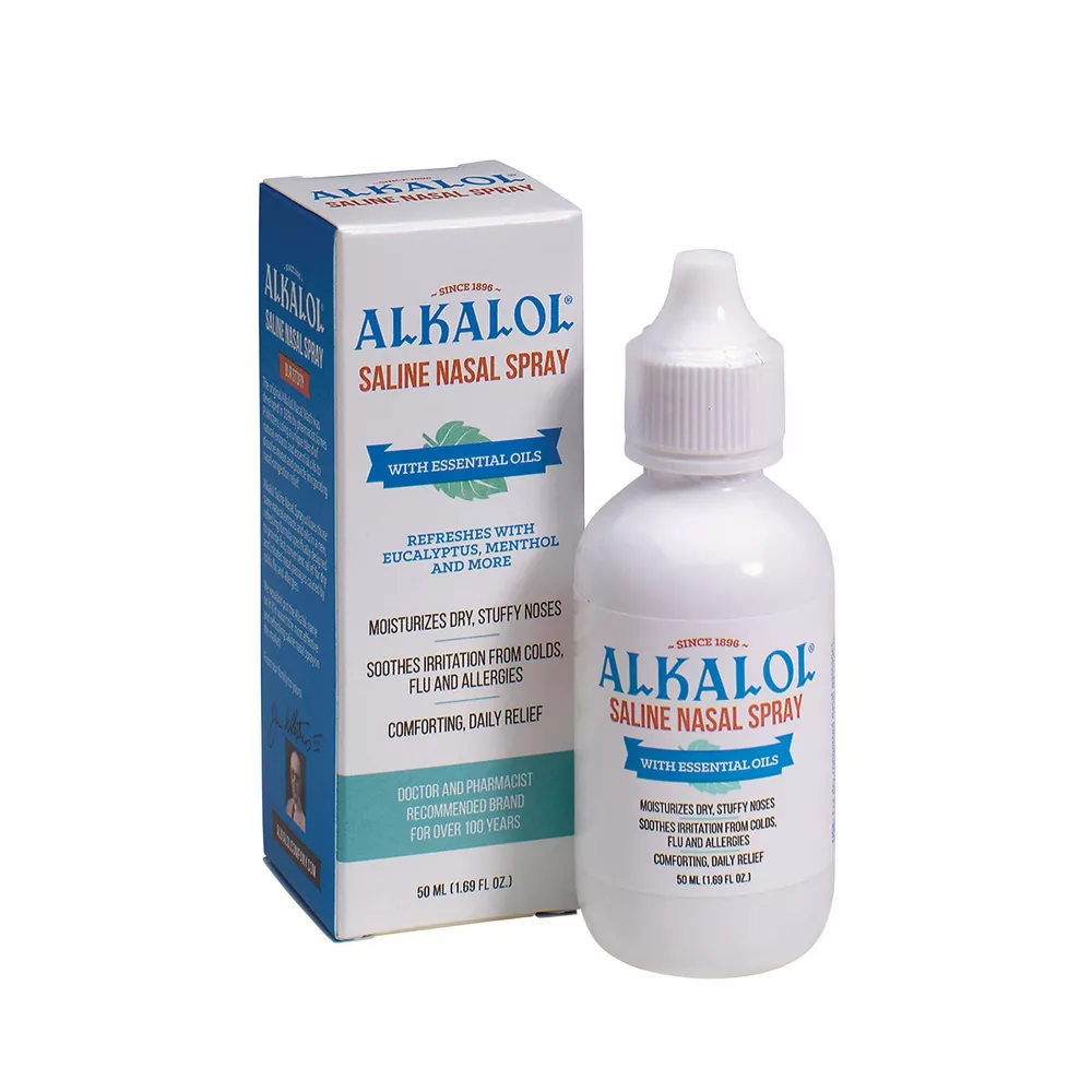 Alkalol Solution Saline Nasal Spray For Dry, Stuffy Noses Refreshes with Eucalyptus And Menthol, 1.69 oz